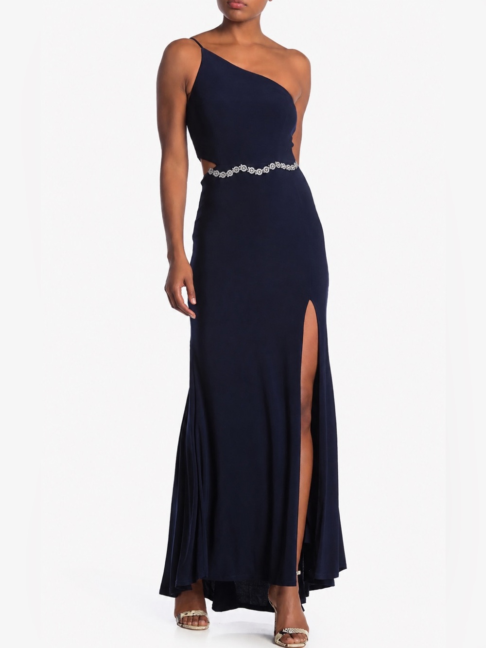 One-Shoulder Side Cutout Gown with Rhinestone Waist